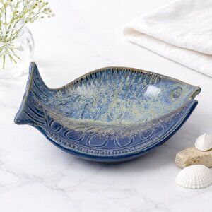 Vintage Handmade Fish-Shaped Ceramic Bowl Blue Glaze Coastal Decor